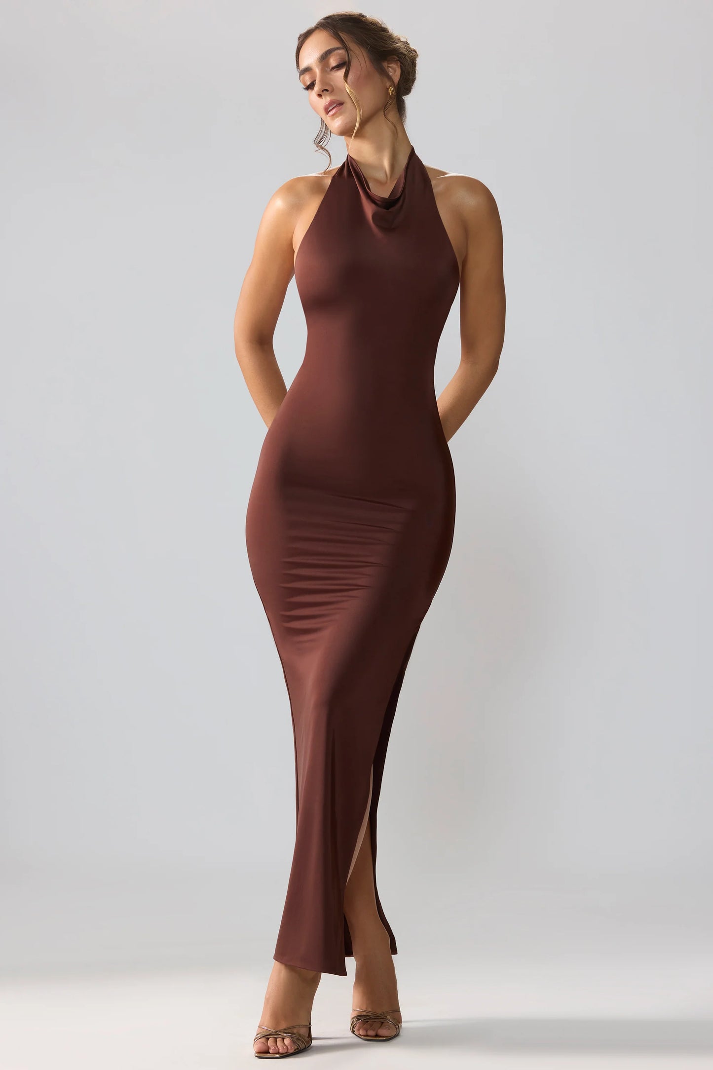 Premium Jersey Cowl Neck Backless Maxi Dress in Espresso