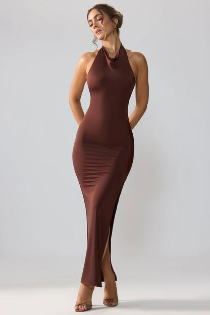 Premium Jersey Cowl Neck Backless Maxi Dress in Espresso