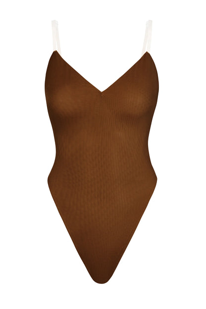 Soft Mesh V-Neck Bodysuit in Chestnut