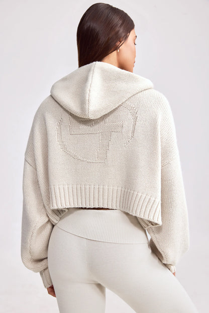 Cropped Zip-Up Chunky Knit Hoodie in Cream