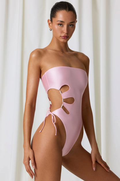 Pearl-Detail Cut-Out Bandeau Swimsuit in Soft Pink