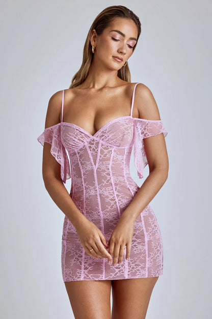 Sheer Lace A-Line Mini Dress in Baby Pink