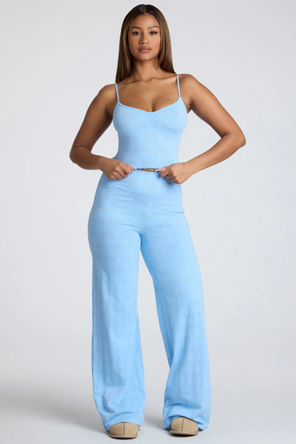 Mid Rise Straight Leg Pointelle Trousers in Baby Blue