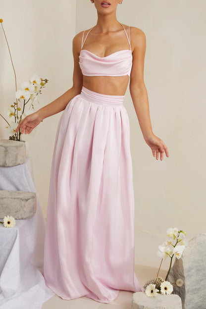 Cowl Neck Heavy Satin Crop Top in Pink