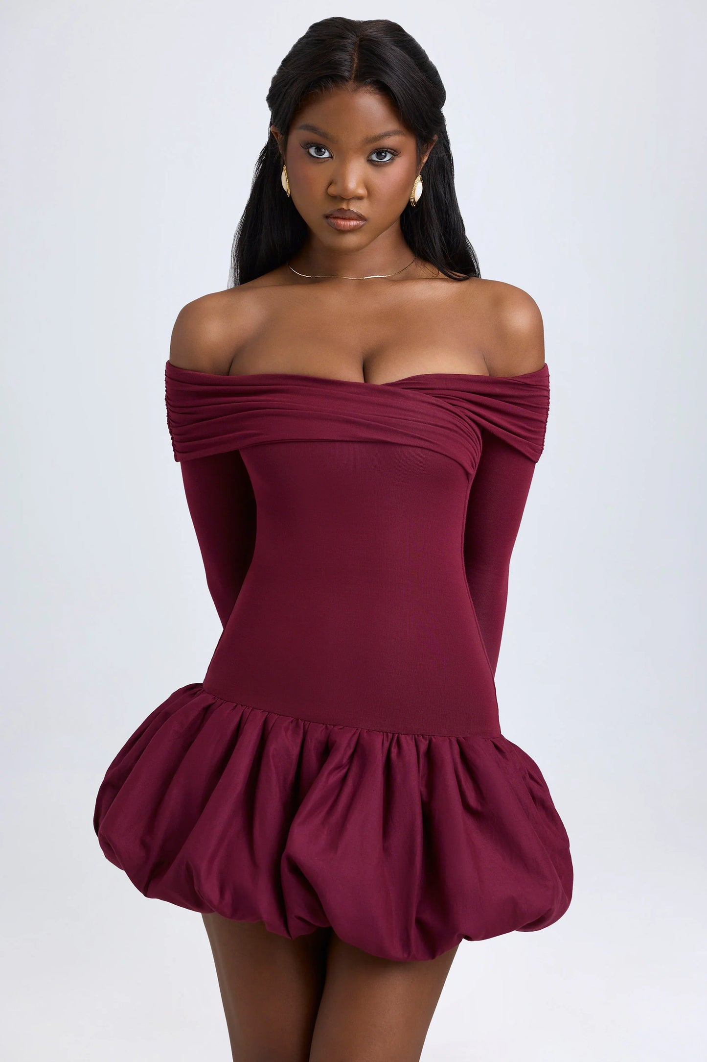 Modal Off-Shoulder Bubble Hem Mini Dress in Wine Red