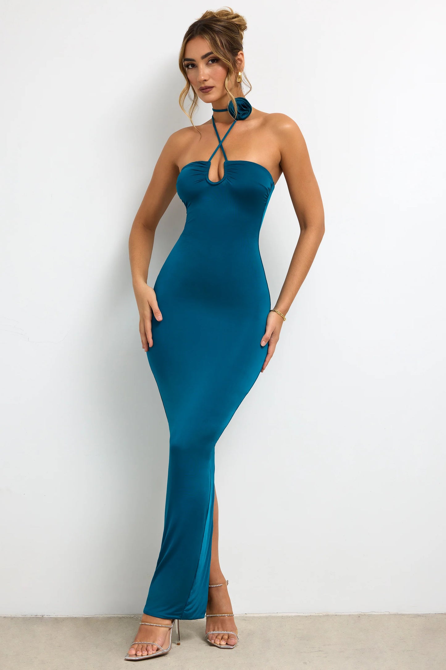 Slinky Jersey Rose Detail Halter Neck Maxi Dress in Dark Teal