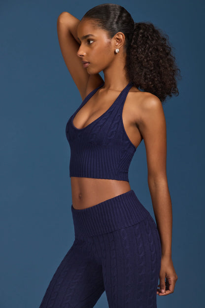 Cable-Knit Halterneck Crop Top in Navy