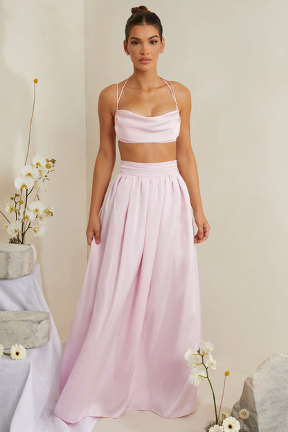 Cowl Neck Heavy Satin Crop Top in Pink