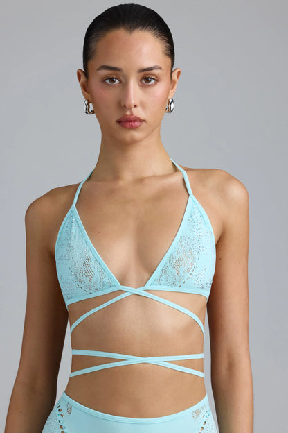 Embellished Cross-Strap Bikini Top in Ice Blue