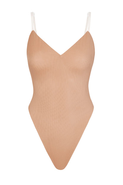 Soft Mesh V-Neck Bodysuit in Warm Peach