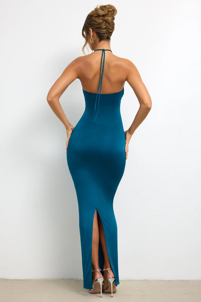 Slinky Jersey Rose Detail Halter Neck Maxi Dress in Dark Teal