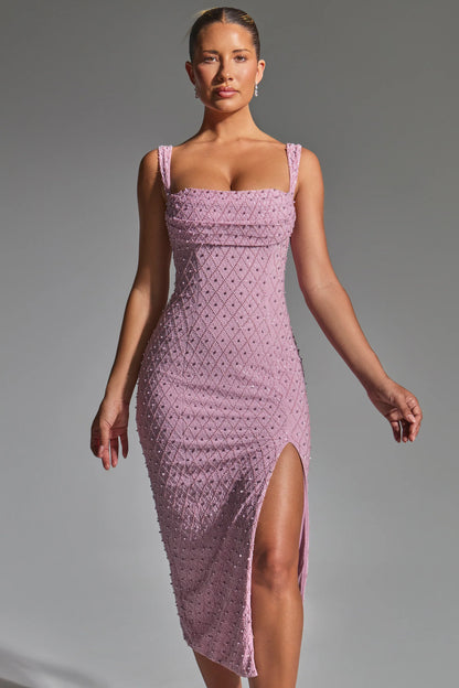 Embellished Cowl-Neck Midaxi Dress in Mauve