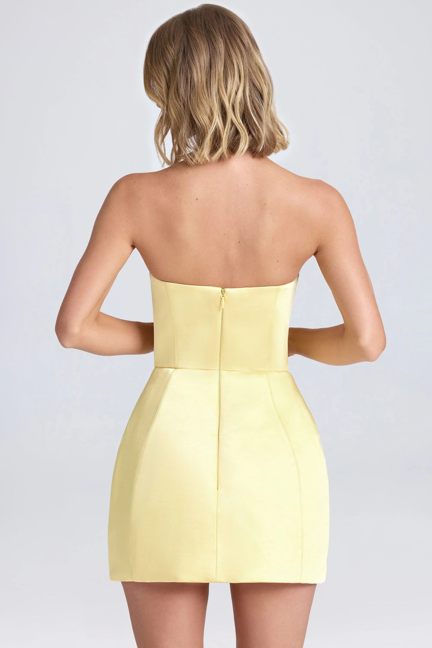 Bandeau Structured Tulip Mini Dress in Lemon Sherbet