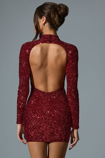 Embellished Open-Back Mini Dress in Red