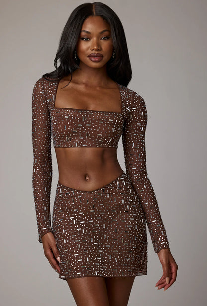 Sheer Embellished Long Sleeve Crop Top in Deep Cocoa