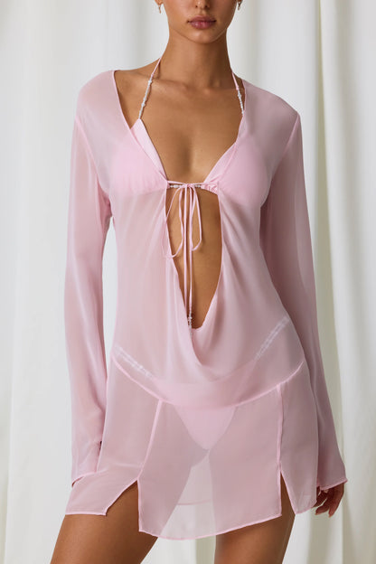 Pearl-Detail Cowl-Neck Micro Mini Dress in Soft Pink