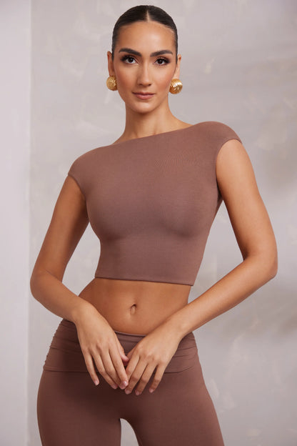 Cap Sleeve Open Back Crop Top in Brown