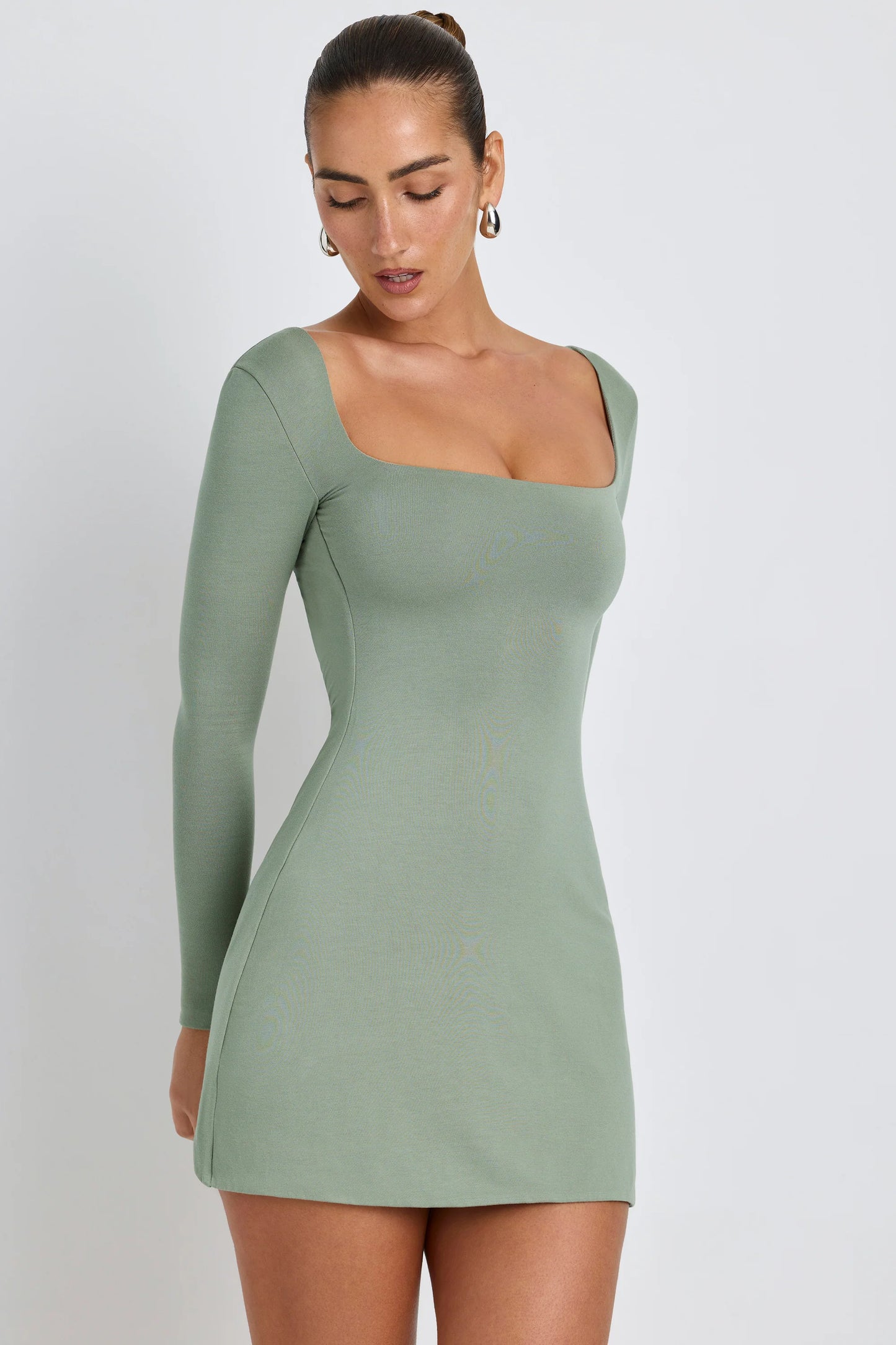 Modal Square Neck Long Sleeve Mini Dress in Sage Green