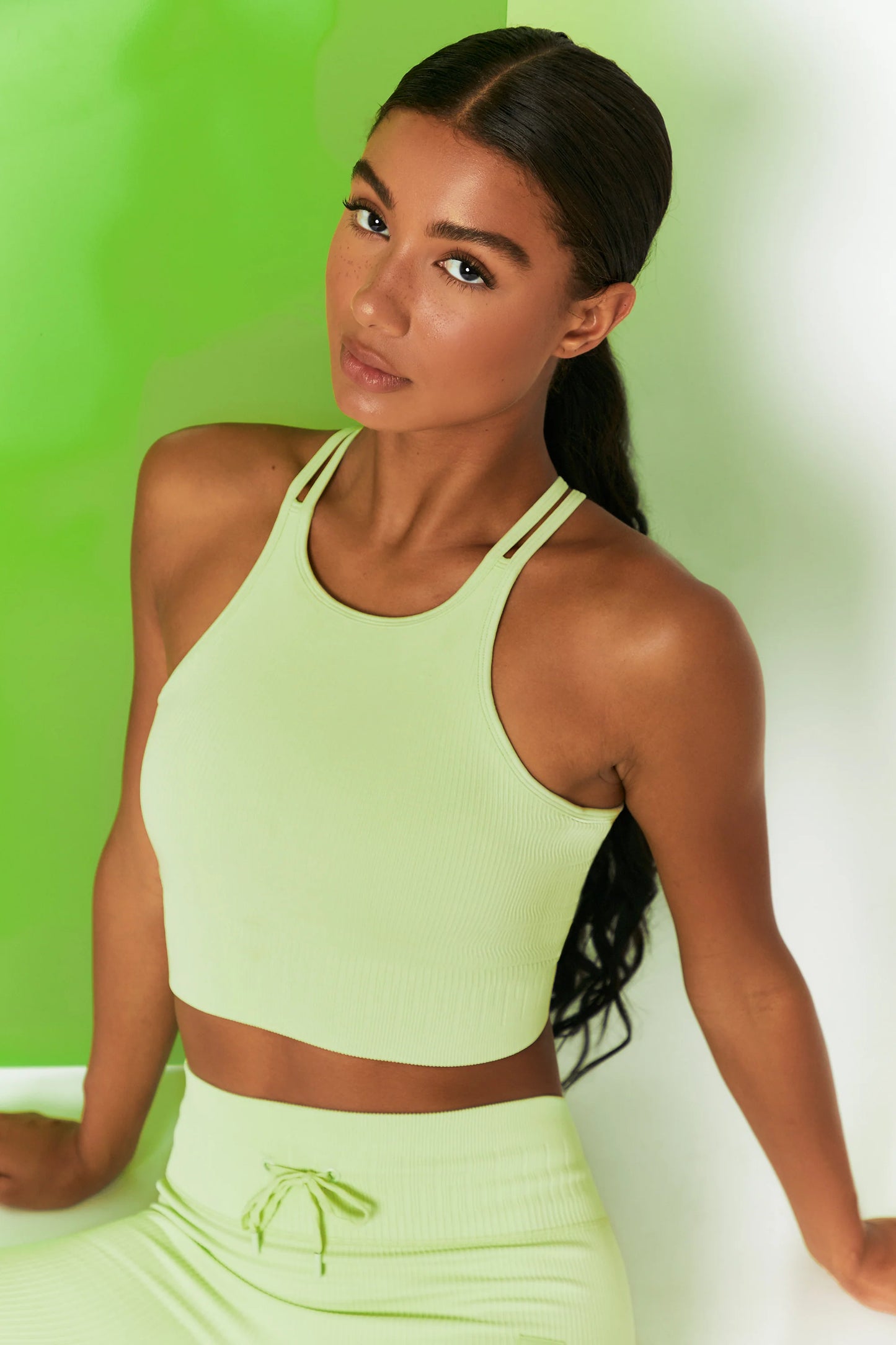 Feel Your Power Ribbed Racer Crop Top in Lime