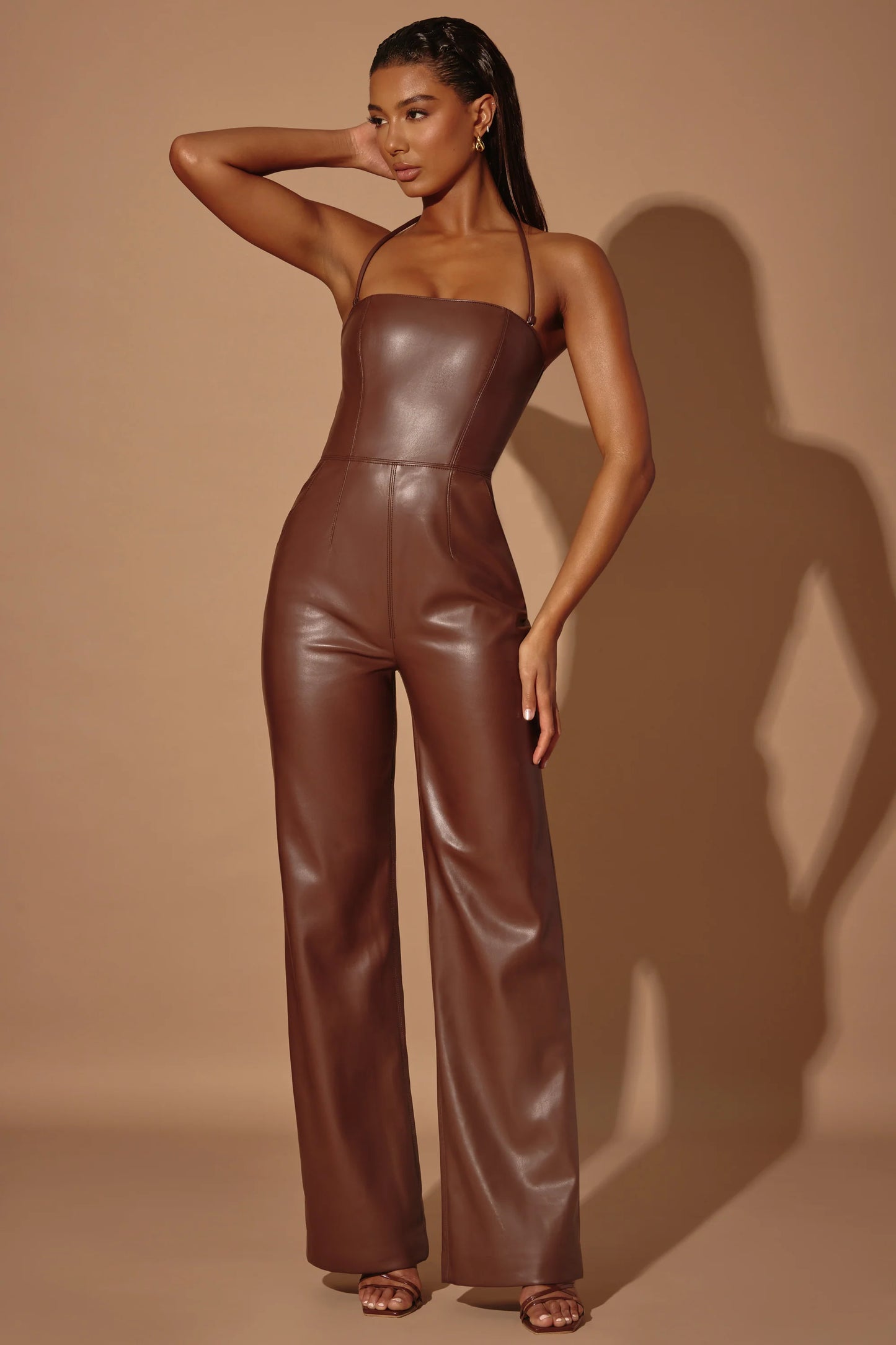 Strapless Wide Leg Vegan Leather Jumpsuit in Brown