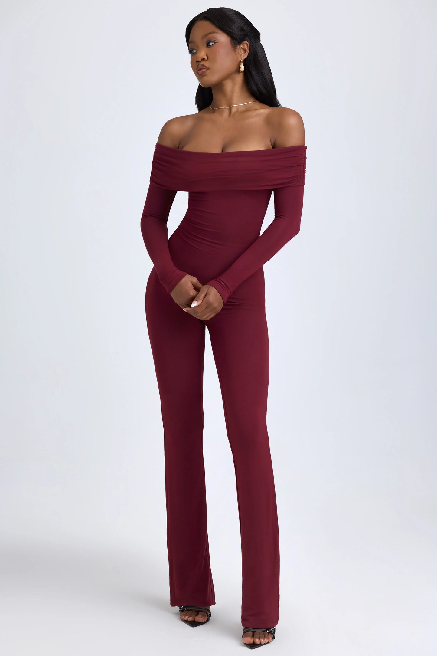 Petite Modal Off-Shoulder Ruched Jumpsuit in Wine Red