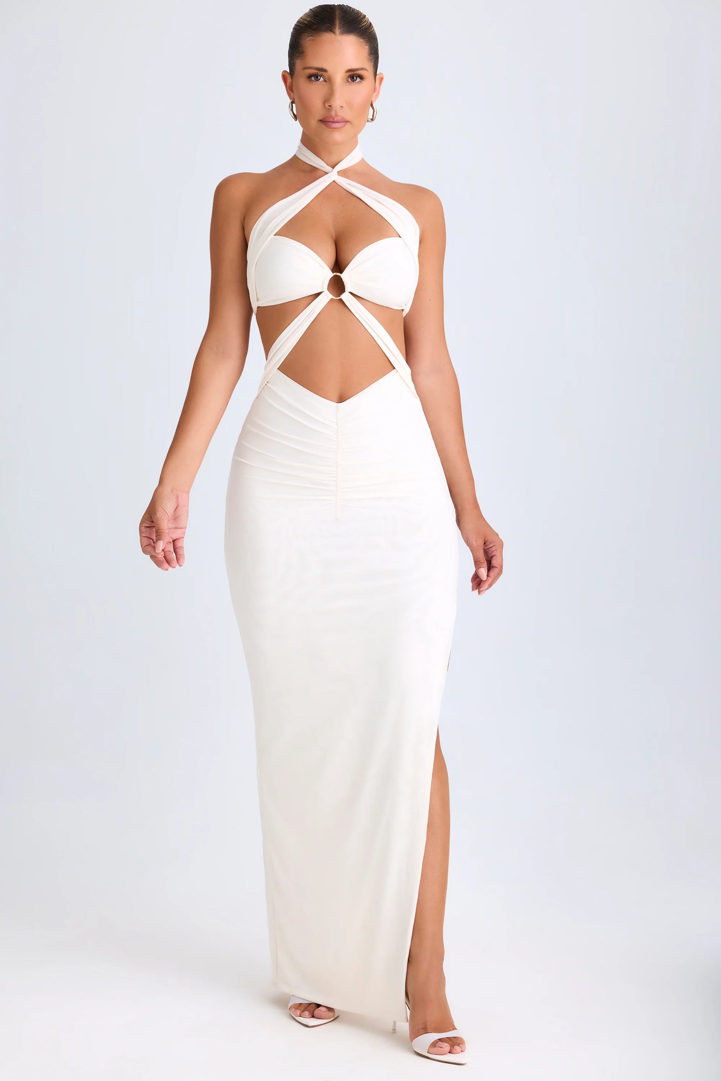 Cut-Out Ruched Halterneck Maxi Dress in White