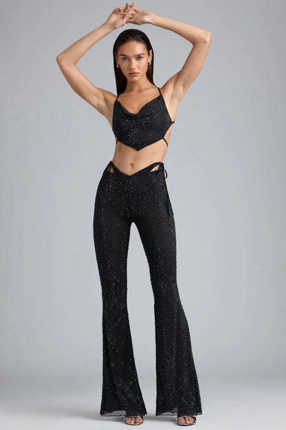 Petite Embellished Cut-Out Flared Trousers in Black