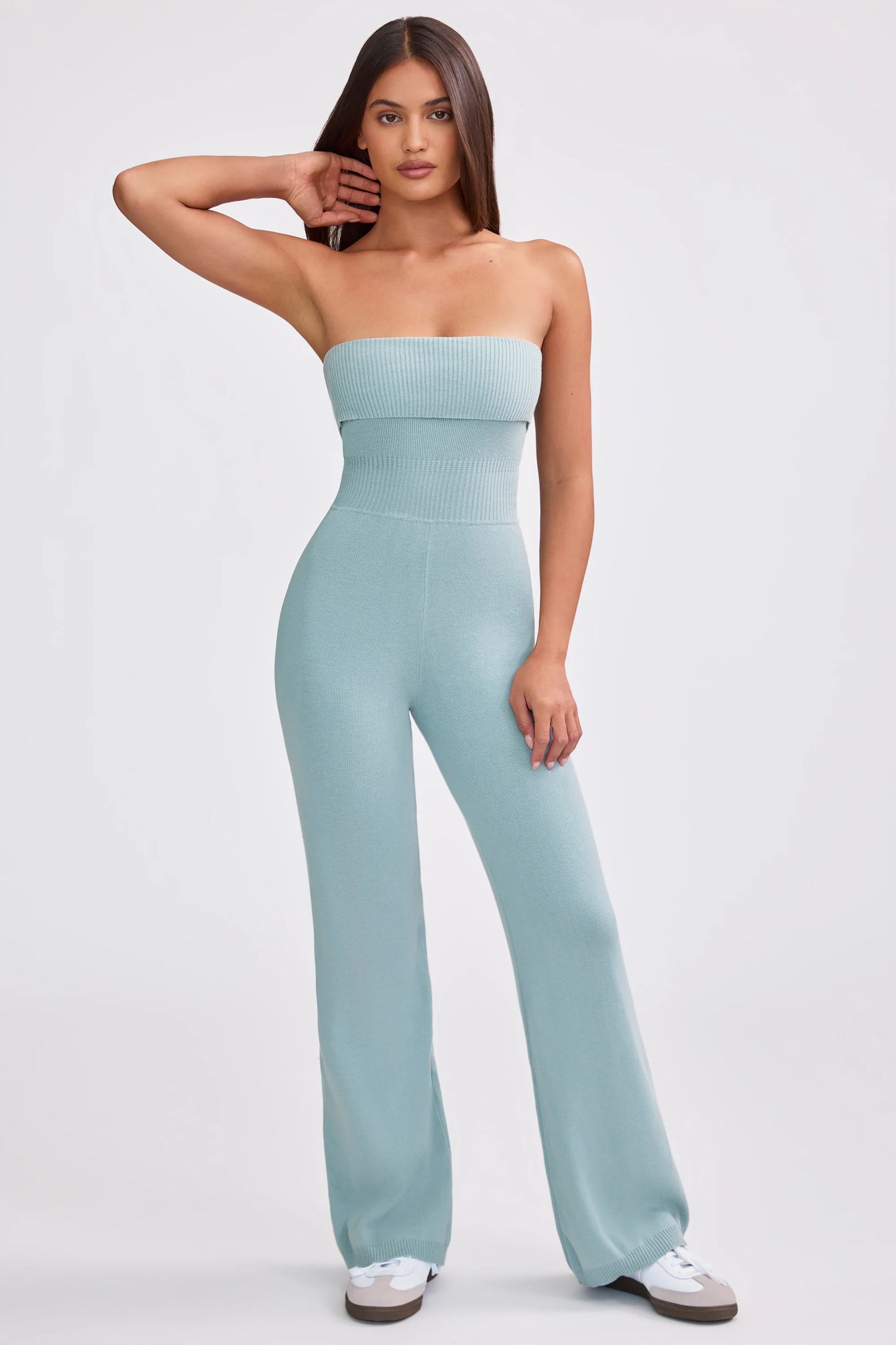 Bandeau Kick Flare Chunky Knit Jumpsuit in Dusty Teal