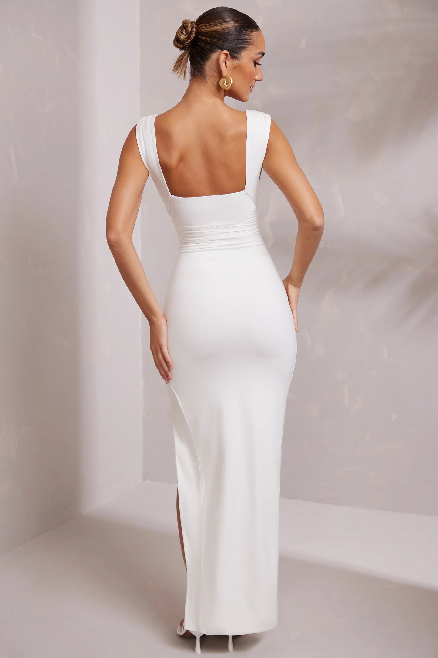 High Split Plunge Neck Maxi Dress in White